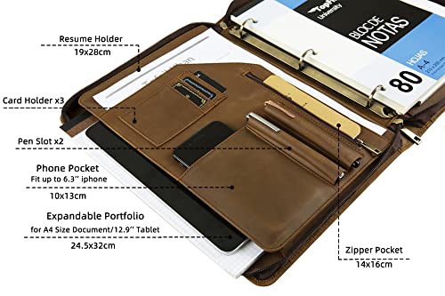 Genuine Leather Portfolio Binder, Vintage Leather Binder 3 Ring, Personalized Portfolio Organizer for Men & Women, Custom Padfolio Folder with Name/Logo Engraved (Khaki)