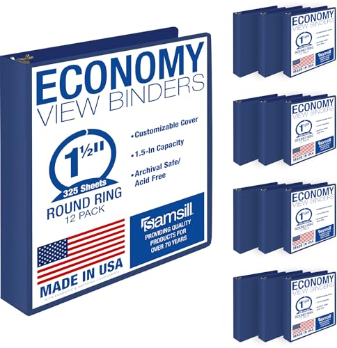Samsill 1.5 Inch 3 Ring Binders, Economy Round Ring, Clear View Cover, 325 Sheet Capacity - for School, Home, Office - Blue, 12 Pack