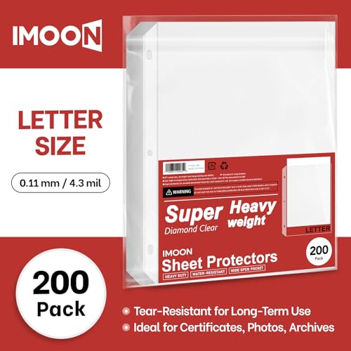 Super Heavyweight 3-Hole Letter Size Sheet Protectors - High Transparency Plastic Heavy Duty Sleeves for 3 Ring Binders, Archival Safe, Durable Page Protectors for Documents, 8.5x11 Inch (200 Pack)