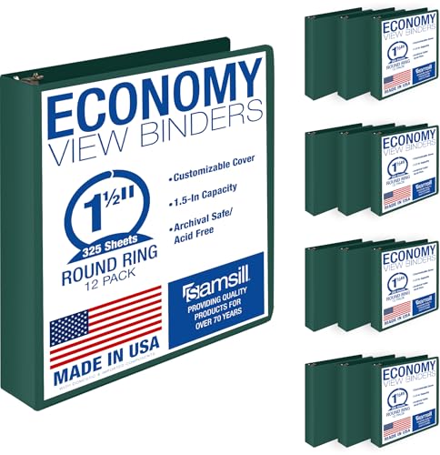 Samsill 1.5 Inch 3 Ring Binders, Economy Round Ring, Clear View Cover, 325 Sheet Capacity - for School, Home, Office - Green, 12 Pack