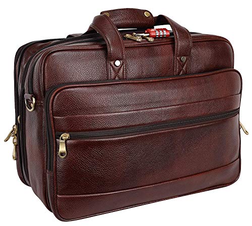 Full Grain Leather 16 Inch briefcases Laptop Messenger Bags for Men and Women Expandable Business Bag Leather Satchel Bags (Brown)