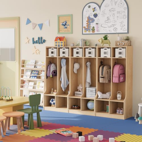 IDEALHOUSE 2-Section Classroom Coat Locker with 4 Cubbies, Daycare Cubby Storage Organizer with 4 Hooks for Home, School, Nursery, Kindergarten, Natural