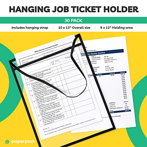Hanging Job Ticket Holders 9x12 - (30 Pack), 8.5 x 11 Letter Size, Dry Erase Pockets, Clear & Black Plastic Sleeves - Reusable, Water-Resistant