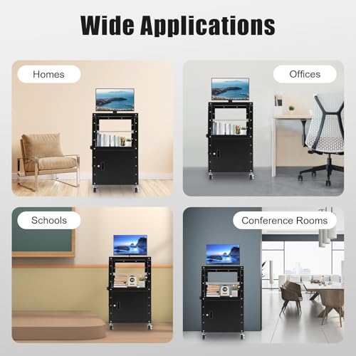 AV Cart, Adjustable Multimedia Trolley Rolling Presentation Stand Projector Shelf with Locking Cabinet Pullout Tray and Power Strip for Classroom Office Conference Room