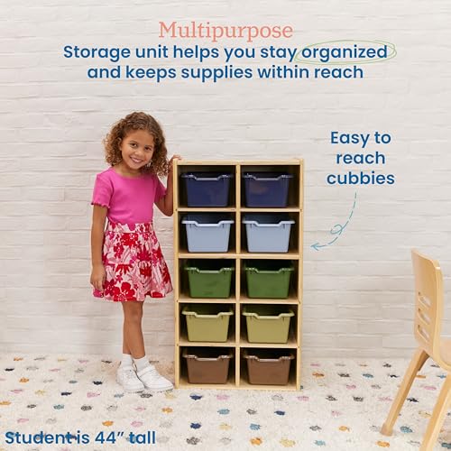 ECR4Kids Streamline 10 Cubby Tray Cabinet and 10 Scoop Front Bins, 5x2, Kids Furniture, Earthtone