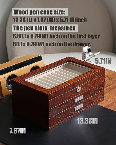 Besforu wood pen display case 36 slot Fountain pen Box storage Organizer with drawer, Top Glass Window Pen Collection Display Case