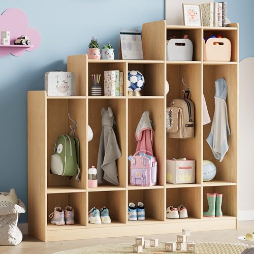 IDEALHOUSE 5-Section Classroom Coat Locker with 9 Cubbies, Daycare Cubby Storage Organizer with 10 Hooks for Home, School, Nursery, Kindergarten, Natural
