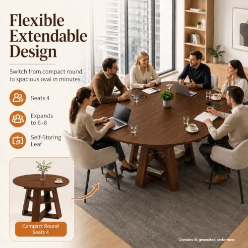 YunKiTech 43 59" Wooden Extendable Round Conference Table 4-6-8 People