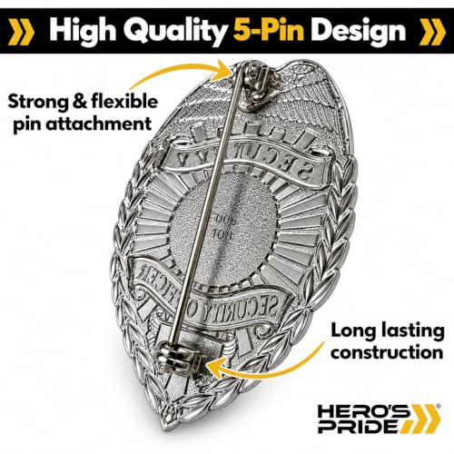 Hero’s Pride Professional Security Guard Badge - Black & Silver Enameled Finish - 2.25" x 3.125" with Secure 5-Piece Pin Catch