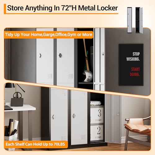 EliteEdge 72" Tall 2 Door Metal Locker with Key, Heavy Duty Steel Storage Cabinet with Shelves, Lockable Employee Locker for School, Office, Gym, Home, Garage, Grey & Black