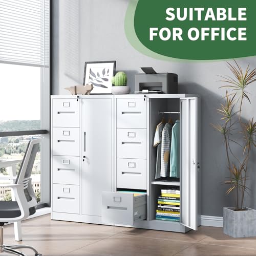 VIYET File Cabinet 4 Drawer, Vertical File Cabinet with Lock and 1 Door, File Cabinet with Storage Shelves for A4 Legal/Letter, Assembly Required (White)