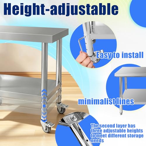 Srehloe Stainless Steel Work Table with 4 Wheels 35 x 24 x 33 Inch Adjustable Metal Commercial Prep Workstation 2-Tier Heavy Duty Mobile Work Station Suitable for Kitchen Restaurant Hotel Garage