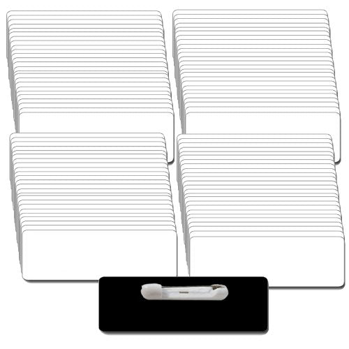 Name Badges with Pin Fasteners UNATTACHED - 100 Pack Kit Includes Crystal Clear Gloss Printable Labels - White Plastic Name Badges with 1/8th Rounded Corners 1 X 3 Inch Size