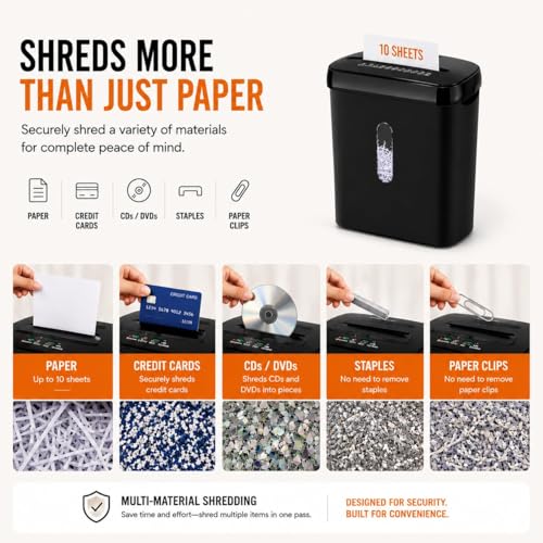 10-Sheet Strip Cut Paper Shredder for Home, Small Shredders for Home Use with Jam Proof System, P-2 Security Level, 5-Min Continuous Run, 3.17 Gallon Bin, Black