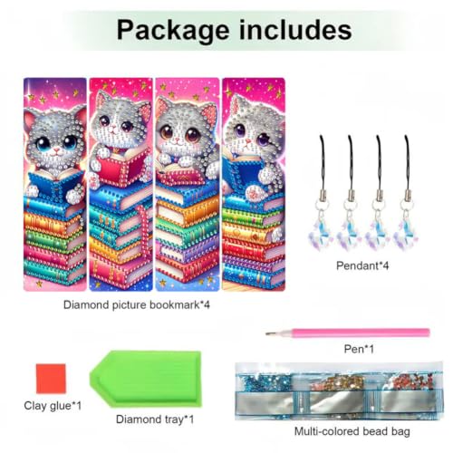 4Pcs DIY Cat and Book Diamond Art Painting Bookmark Gift for Book Lovers
