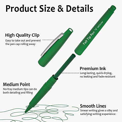 Lelix Felt Tip Pens, 40 Green Pack, 0.7mm Medium Point, Felt Tip Markers Pens for Journaling, Writing, Note Taking, Planner, Perfect for School Office and Art Supplies
