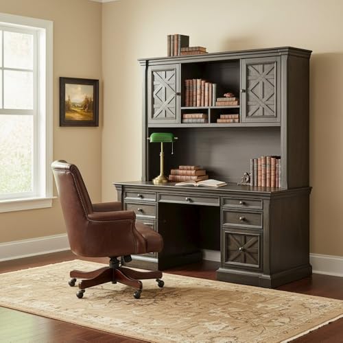 Starlight Wood Hutch with Doors, Fully Assembled, 2 Wood Doors, Center Open Storage, 2 Adjustable Shelves, Antique Hardware, Brown