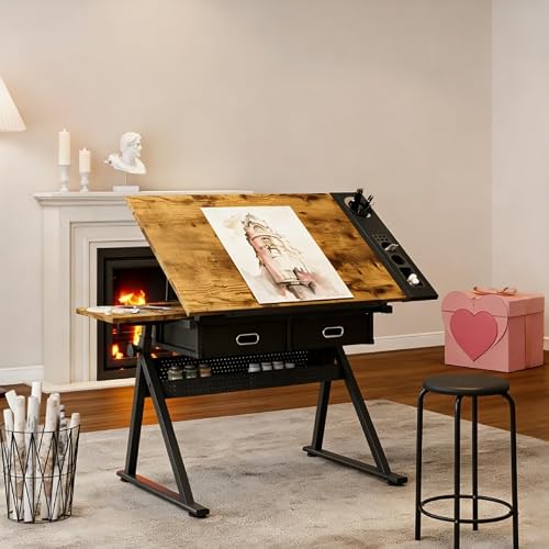 NestLude Adjustable Drafting Table with Stool, Tilting Art Desk with Storage Drawers for Home Office, Reading, Writing, Crafting. Perfect for Artists and Hobbyists. (Rustic Brown)