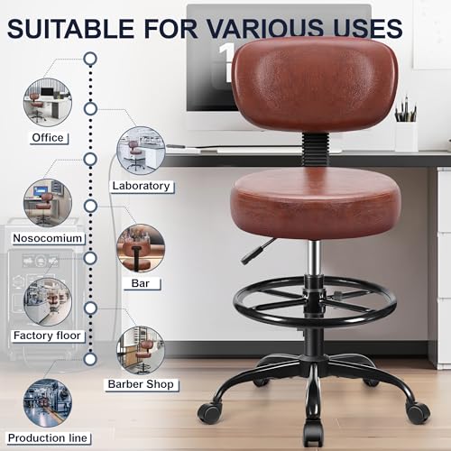 Brick Attic Drafting Chair with Backrest – Adjustable Foot Rest Rolling Stool with Wheels, PU Leather Swivel Stool for Office Spa Studio Lab Counter Salon Home Work Bar Kitchen Shop(Ember Brown)
