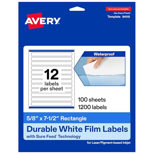 Avery® Printable Durable White Rectangle Labels, Sure Feed® Technology, 5/8" x 7-1/2", Print-to-the-Edge, Waterproof Labels, Laser & Pigment-Based Inkjet Compatible, 1200 Total