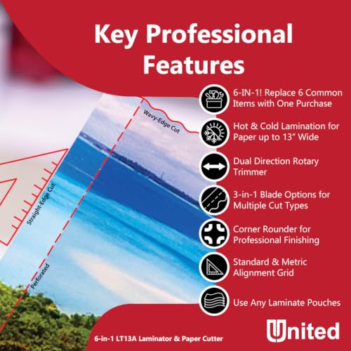 United Office Products LT13A 6-in-1 Thermal & Cold Laminator with Paper Trimmer and Corner Rounder, 13" Laminating Width, Laminating Machine for Home, Office & School