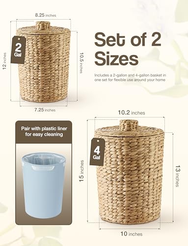 Tidita Set 2 Water Hyacinth Wicker Wastebasket for Bathroom, Lid Included