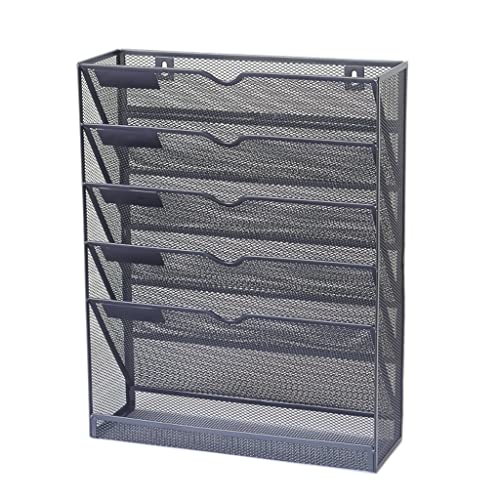 GRFIT File Holder Mesh Hanging Wall File Organizer Holder, 5-Tier Wall Mount Vertical File Rack with Bottom Flat Tray for Home Office School File Organizer Rack