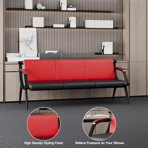 wonline Waiting Room Bench, Office Furniture Reception Chairs with Arms, Leather Chairs is Suitable for Clinic,Airport,Hospital,Barber,Salon,Bank-(Red&Black,3 Seat)