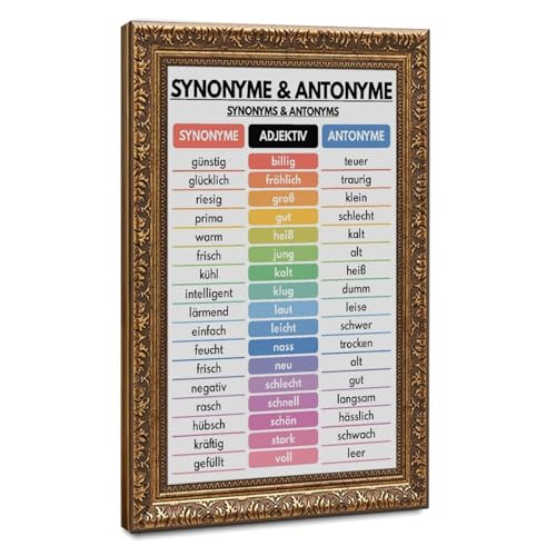 wangpaihui German Language SYNONYMS ANTONYMS POSTER Vocabulary Chart Homeschool Classroom Decor Educational Posters Canvas for Classroom School Therapy Room Hanging Frame 24" L X 36" W