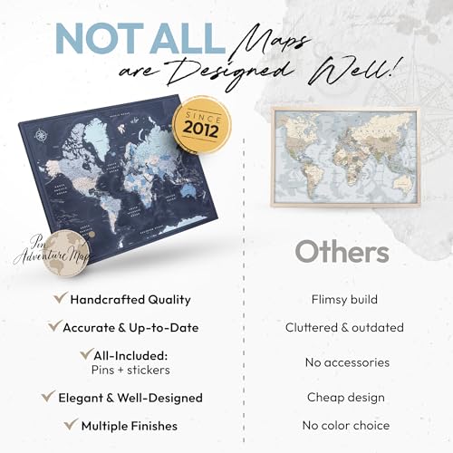 World Map Poster with Pins for Travel Tracking | Satin-Coated Push Pin Travel Map Poster for travel tracking (40 x 30)