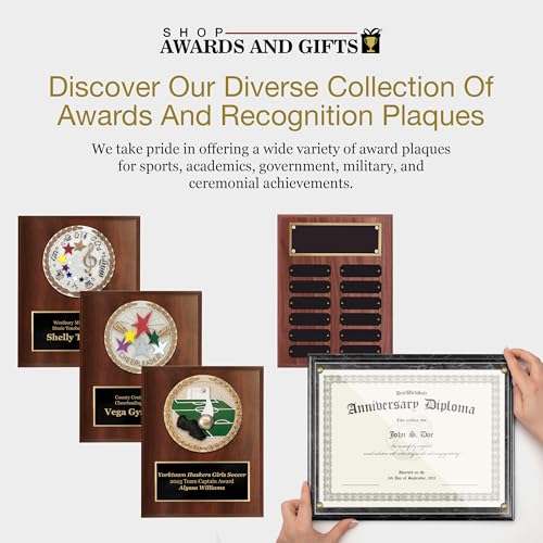 SHOP AWARDS AND GIFTS 9 x 12 Inch Perpetual Plaque Award Multiple Name Plate Board for Employee Appreciation, Recognition, Achievement, Walnut Finish with Black and Gold Header, 12 Name Plates