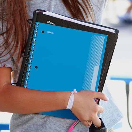Mead Spiral Notebook, 5 Pack, 3 Subject, Wide Ruled Paper, Plastic Cover, 8" x 10-1/2", 120 Sheets per Notebook, Black, Red, Blue, Green and Yellow (930100A-ECM)