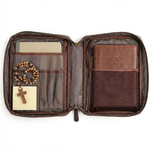 LEATHER VILLAGE Large Leather Bible Cover with Carry Handle & Zipper Brown