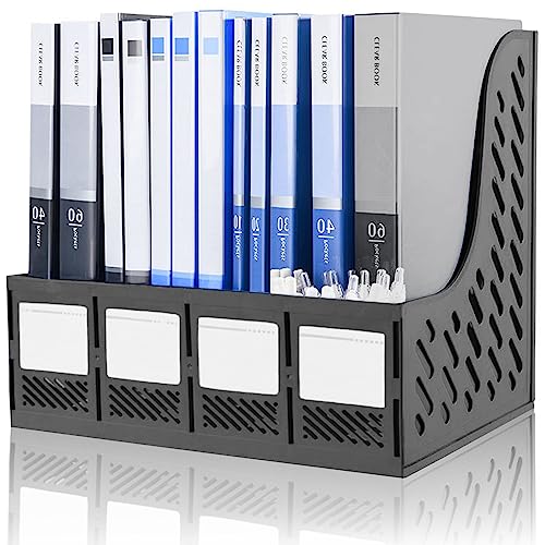 VRFTGHYJU 4 Compartment A4 Plastic File Organiser - Desktop Office Storage Rack, Folder Holder with Dividers for Home, School, Kitchen(Black)