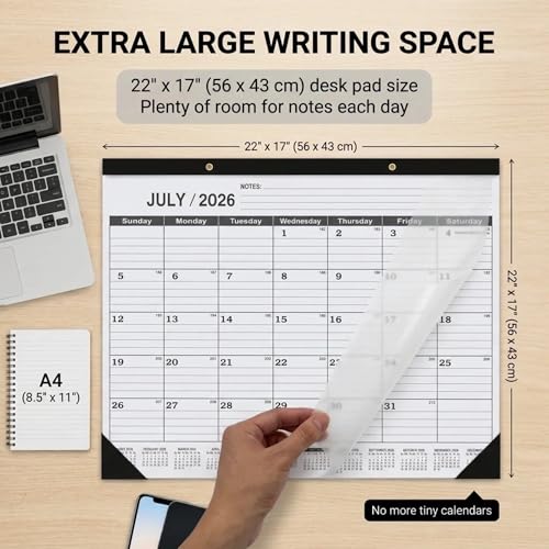 Desk Calendar 2026-2027 - Large 18-Month Monthly Desk Pad, July 2026 to December 2027, 22" x 17" Calendar with Thick Paper, Golden Hanging Holes & To-Do List for Home and Office