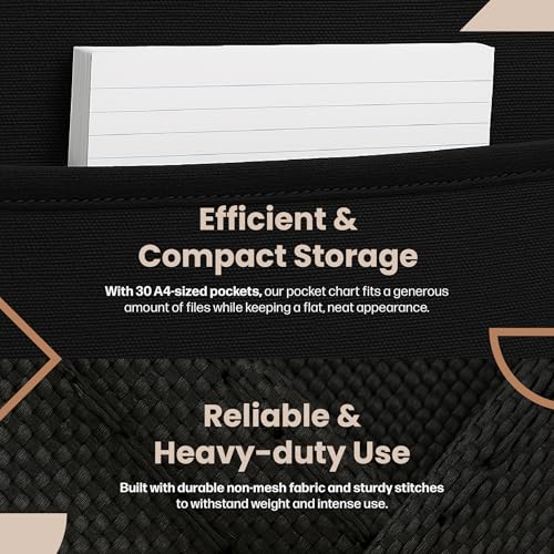 Hippo Creation Heavy Duty Storage Pocket Chart for Classroom, 30 Pocket Storage Organizer with 5 Over-Door Hangers, Hanging Wall Organizer for File Folders, School Mailbox, Home Office Papers - Black