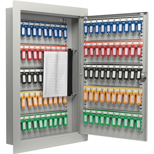 Barska 100-Key in-Wall Key Lock Box with Flange – Steel Key Cabinet with Adjustable Numbered Hooks, Colored Tags, Index Sheet & Wall Mount – Single Key Lock, Gray Finish