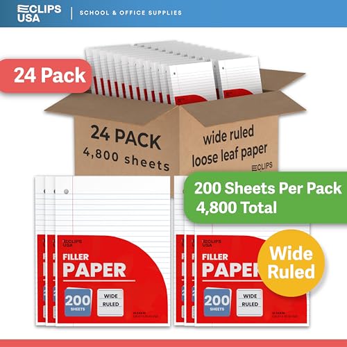 Wide Ruled Loose Leaf Paper Wide Ruled Notebook Paper Lined Writing Filler Paper 10.5” x 8” 56 gsm 4800 Sheets 200 Sheet Per Pack (24 Pack)