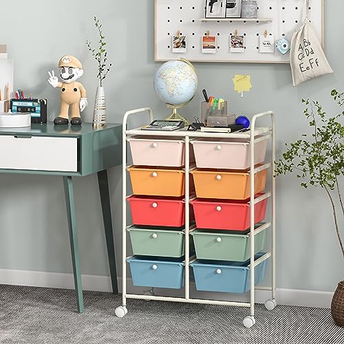 CLEEMAN 10-Drawer Rolling Cart with Drawers, Storage Cart with Universal Wheel & Metal Frame, Multipurpose Mobile Trolley Utility Cart for Makeup Kitchen Office Play Room (Macaron)