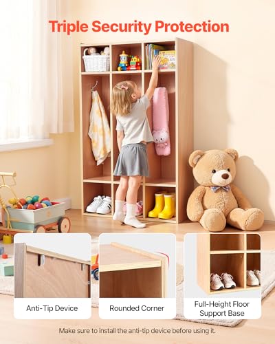 VEVOR 3-Section Coat Locker, Kids Lockers with 6 Hooks & Non-Slip Mat, Classroom Cubbies for Daycare, Home, Kindergarten- Natural