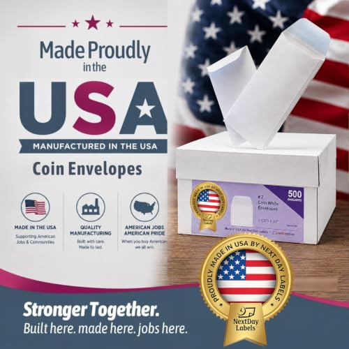 NextDayLabels - Box of 500#7 White Coin Envelopes, Made in USA