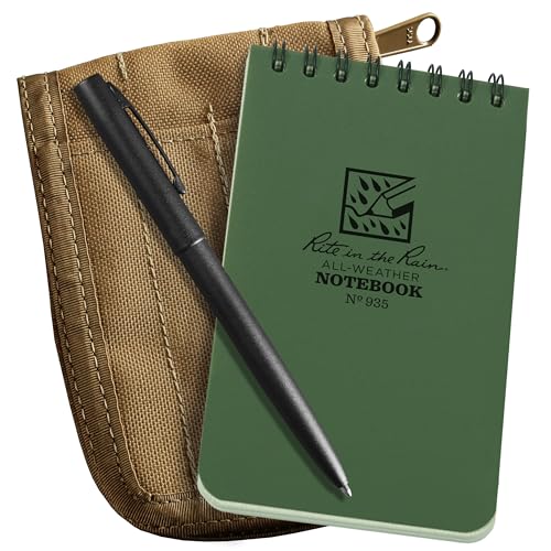 Rite in the Rain Weatherproof 3" x 5" Top Spiral Notebook Kit: Tan CORDURA Fabric Cover, 3" x 5" Green Notebook, and an Weatherproof Pen (No. 935-KITL)