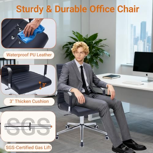 Sidanli Ergonomic Office Chair, Executive PU Leather Desk Chair with Adjustable Lumbar Support and Smooth-Rolling Wheels for Home Office Conference Room, Mid Back, Black