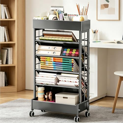 Dexinhdh 6 Tier Rolling Book Cart with Wheels, Book Rack Storage Bookshelf, Slanted Open Design, Large Open Bottom, Office Paper Organizer for Storing Books Magazines(Black)