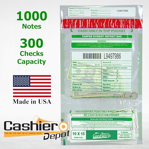 200 Cashier Depot - 10 x 15 Inch Clear Twin-Pocket Tamper Evident Bank Deposit Bags with Serialized Numbering, Barcode, VOID Closure Tape for Banks and Retail, 200 Count