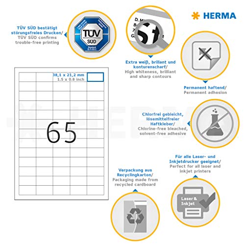 HERMA Self Adhesive Address Mailing Labels, 65 Labels Per A4 Sheet, 6500 Labels for Laser and Inkjet Printers, 38.1 x 21.2 mm (4254)