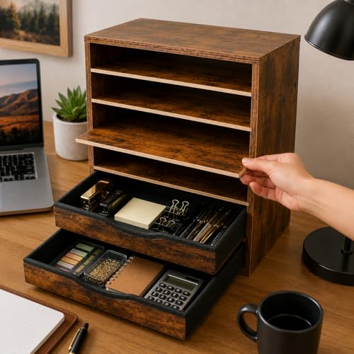Gphudpzdl Wooden Mail Organizer, Desk Paper Organizer Wood, Brown