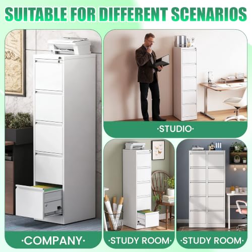 VIYET 5-Drawer File Cabinet with Lock.Vertical Steel Storage for Letter/Legal/A4 Size Folders,Anti-Tip Safety Design,White