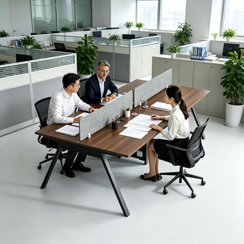 Office Cubicle Desk,4-Person Office Cubicle Workstation,Large Computer Desk with Privacy Panels & Cable Management,Offices Commercial Workspace (Walnut Brown, 94.4IN, Barrier workstation table)