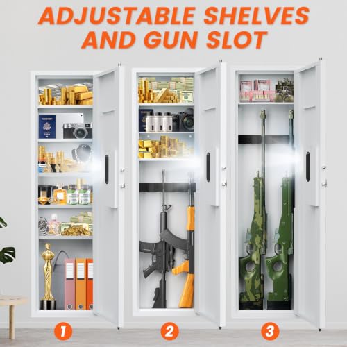 kavey 53.15" Wall Safe Between the Studs, Biometric Hidden Wall Safe with LCD Keypad & Dual Alarm, In Wall Gun Safe with 5 Adjustable Shelves & Magnetic Slot (White-Biometric)